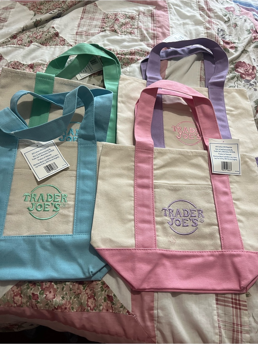 Trader Joe's Canvas Tote  bag
— Pink, Blue, Green, Purple Trim $25.00 each bag